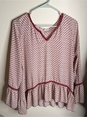About A Girl top with Red Floral Print and Maroon Trim